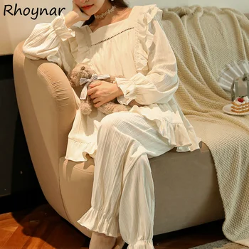 Pijama Setleri Kadın Pijama Yumuşak Katı Sonbahar Salonu Uzun Kollu Moda Kore Tarzı Pamuk Yeni Gelenler Kadın Tatlı Şık