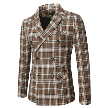 Erkek Sonbahar Ve Kış Takım Elbise Kruvaze Ekose Düğme Yaka Çok Cep Uzun Kollu Blazer Ceket