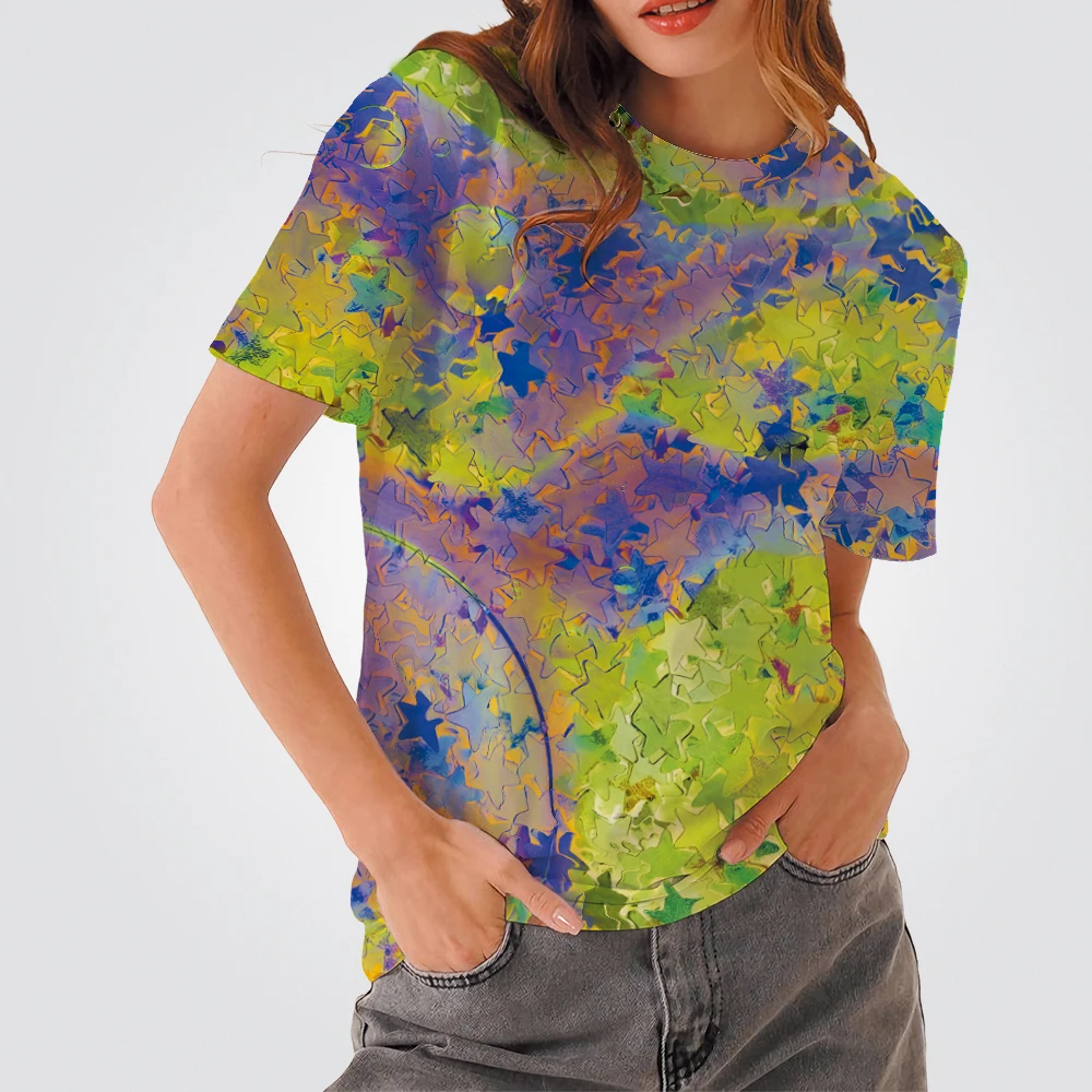 Asit Degrade Sanat Doku Kısa Kollu Kadın Büyük Boy Giyim Vintage Yıldız Pullu 3D Baskılı T Shirt Yaz İnce Giysiler