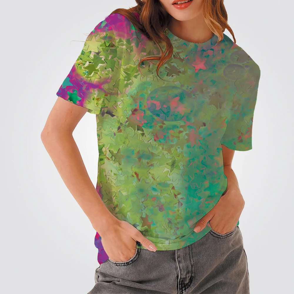 Asit Degrade Sanat Doku Kısa Kollu Kadın Büyük Boy Giyim Vintage Yıldız Pullu 3D Baskılı T Shirt Yaz İnce Giysiler