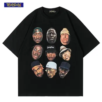 Yaz Vintage 2PAC Hip Hop Rapçi Portre Baskı T-shirt Gevşek Erkek ve Bayan Kısa Kollu Streetwear Pamuk Rahat T-Shirt