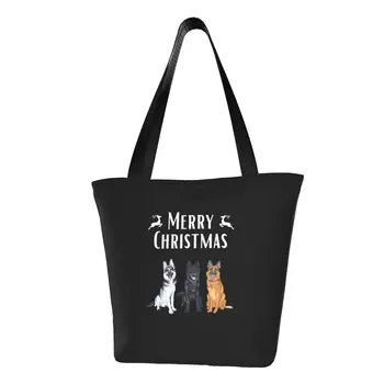 Alman Çoban Köpeği Noel Alıntı Bakkaliye bez alışveriş çantası Karikatür Tuval Omuz alışveriş çantaları Büyük Kapasiteli Çanta