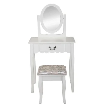 Makyaj Masası ve Sandalye Seti \ 360° Dönen Aynalı ve Büyük Çekmeceli Makyaj Tuvalet Masası-Beyaz Beyaz Masif