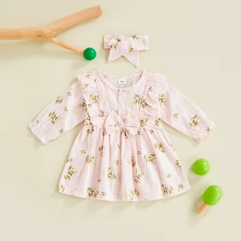 Prenses İlmek Bebek Bebek Kız Elbise Çiçek Baskı Ruffles Uzun Kollu evaze elbise Bahar Sonbahar Düğmeleri Elbise Kafa Bandı ile