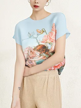 Miyake issey miyake Pilili baskılı tişört Kadın 2023 İlkbahar Yaz Yeni Kore Moda Rahat Crewneck Her Şey Kısa Kollu Üstleri