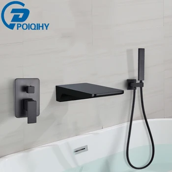 POIQIHY Siyah Küvet Musluk Tek Kolu Şelale Banyo Duş Mikser Musluk Seti Pirinç Yağmur Şelale banyo küveti musluk bataryası