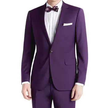 Sıcak Satış Son Özel Mor Çentikli Yaka Tek Düğme 2 Parça Erkek Takım Elbise Damat Düğün Resmi İş Slim Fit Giyim