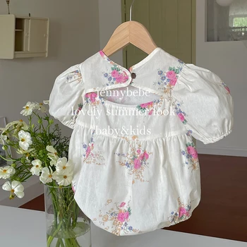 2023 Yaz Ins Tarzı Bebek Kız Giysileri Sevimli Çiçek Baskı Bodysuit Yürümeye Başlayan Bebek Kostüm Yenidoğan Ropa Bebe Romper
