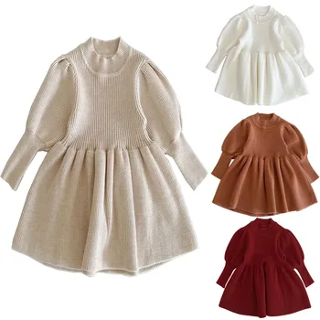 2023 Yeni Bahar Bebek Giysileri Puf Kollu Kız örme elbise Sonbahar Moda Kazak Elbise Bebek Bebe kıyafetler elbiseler