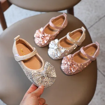 Çocuk Kristal deri ayakkabı Taklidi Yay Prenses Kız Parti Dans Ayakkabıları Bebek Kız Flats Çocuklar Performans Ayakkabı Mary Janes