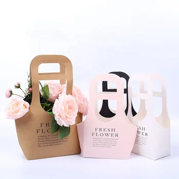 500 adet / grup Katlanır Taşınabilir Çiçek Ambalaj El taşıma Kağıt Torba Take Away Butik Gül Taşıyıcı Kraft Kağıt Sepet Çanta