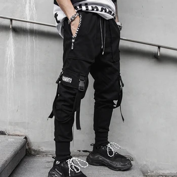 Erkekler Şeritler Yan Cepler Kargo Pantolon Hip Hop Moda Sweatpants Casual Harem Streetwear Yüksek Sokak Siyah kalem pantolon