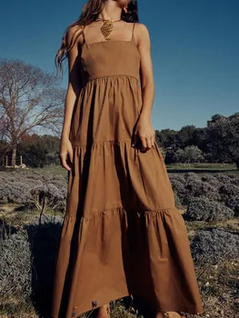 2023 Yaz Yeni kadın Rahat Seksi Saf Renk Ayarlanabilir İnce Kayış Düz Boyun Backless Poplin askı elbise