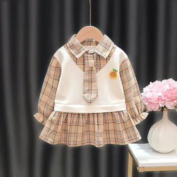 Çocuk Kız Elbise Kravat okul üniforması Ekose Rahat Yürümeye Başlayan Elbise Çocuk Giyim Kore Tarzı Bebek Kız Giysileri Bebek Takım Elbise A930