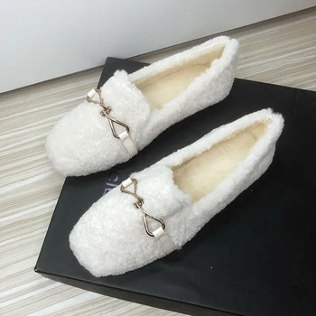 Beyaz Kürklü Ayakkabı Kadınlar için Kare Kafa Güzel Kalite Yumuşak Taban Sıcak Kürk Astarlı Düz Topuk kızın Kış Flats Siyah Kahverengi Ayakkabı 33
