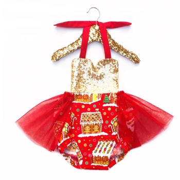 FOCUSNORM Noel Bebek Kız Erkek Sevimli Romper Elbise 0-24 M Karikatür Baskılı Payetli Straplez Dantel Tutu Tulumlar