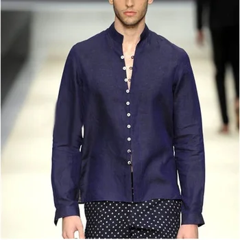 Yaz Yeni Şık Erkek Takım Elbise Blazer Lacivert Standı Yaka Tek Göğüslü Pamuk Keten Erkek Takım Elbise Moda ve Slim Fit Ceket 2023