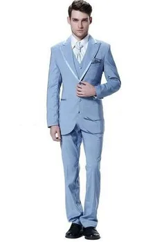 Gökyüzü Mavi İki Düğme Doruğa Yaka Erkek Takım Elbise Özel Homme Moda Smokin Terno Slim Fit (Ceket + Pantolon + Yelek + Kravat + Mendiller)