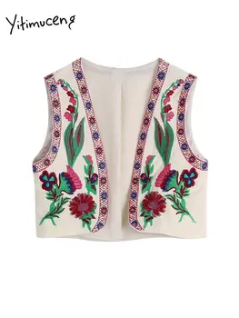 Yitimuceng Vintage Mahsul Yelek Ceket Kadınlar için 2023 Yeni Nakış Çiçek Kolsuz Patchwork Şık Yelekler Bayanlar Rahat Yelek Ceket