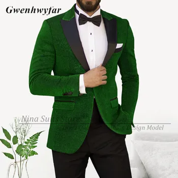 G & N 2023 Yeni Glitter Blazer Siyah Pantolon Groomsmen Yeşil Smokin Tepe Yaka Erkek Takım Elbise Düğün İçin Erkek Parti Elbise Kostüm Homme