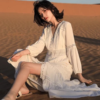 COCHONNET plaj elbisesi Seyahat Giyim Kadın Uzun Etek Beyaz Sahil Tatil İnce Elbise