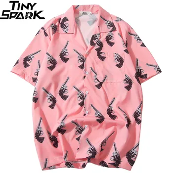 2023 Hip Hop Gömlek Streetwear Erkek havai gömleği Tabanca Tabanca Baskı Harajuku Yaz Plaj Gömlek İnce Pembe Üstleri Kısa Kollu Yeni