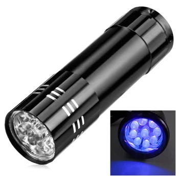200 adet / grup Mini taşınabilir alüminyum UV Blacklight 9 LED Ultra Violet el feneri Torch 395nm UV ışık
