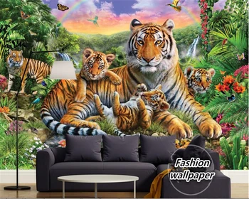 WELLYU Özel moda duvar kağıdı tropikal yağmur ormanı hayvan kaplan bitki orman şelale kelebek papel de parede wallpaper3D