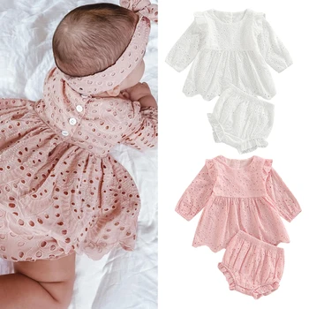 Güzel Yenidoğan Bebek Kız Giysileri Setleri 0-24M Katı Hollow Out Ruffles Uzun Kollu Pilili Elbise + Şort Olgunlaşanlar Pamuk Kıyafetler