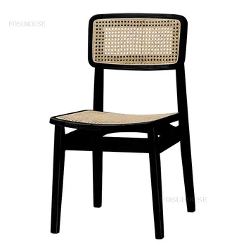 Masif ahşap yemek sandalyeleri Minimalist yemek odası mobilyası Retro yemek Sandalyesi Modern Rattan Arkalığı Eğlence restoran sandalyesi