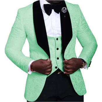 Jakarlı Erkek Takım Elbise Siyah Kadife Yaka Kostüm Homme 3 Adet Damat Smokin Düğün En İyi Erkek Blazer (Ceket + Pantolon + Yelek)