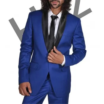Kraliyet Mavi Erkek Takım Elbise Düğün İçin 2 Adet(Ceket+Pantolon+Kravat) moda Siyah Şal Yaka Slim Fit Terno Masculino Damat Blazer Pantolon