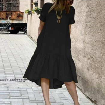 Vintage Fırfır Etek Siyah Düzensiz Eğlence Elbise Kadın Yaz Tunik Casual Boho Katı Renk O Boyun Kısa Kollu pamuklu elbiseler