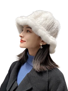 Ms. Minshu Kadınlar Lüks Gerçek Vizon Kürk Şapka El Örgü Kış Kafa ısıtıcı 100 % Hakiki Vizon Kürk Rahat Şapka Ruffled Ağız