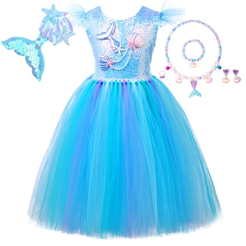 Disney Küçük Denizkızı Kostümleri Kızlar için Doğum Günü Partisi Cadılar Bayramı Elbiseler Uzun Çocuklar Denizci Tutu Kıyafet Çocuk Sequins Elbise