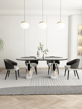 Italyan ışık lüks Oval masa ve Sandalye kombinasyonu basit Modern ev temperli cam ayna Oval masa