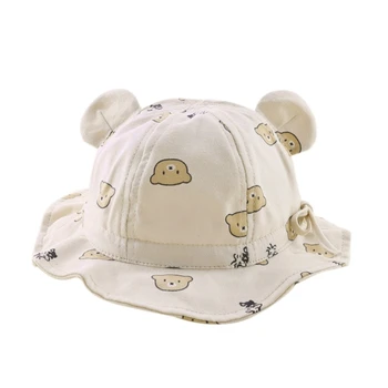 N80C Bebek güneş şapkası Ayı Baskı Bebek Kova Şapka Yumuşak Geniş Kenarlı Bebek geniş disk şapka Kap Bahar Balıkçı Şapka Bebekler için 0-2Y