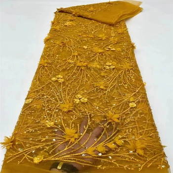 Sarı Afrika 3D Dantel Kumaş 5 Metre 2023 Yüksek Kalite İle Boncuk İşlemeli Fransız Nijeryalı Sequins Dantel Kumaş Düğün İçin