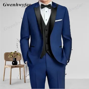 Gwenhwyfar Slim Fit Mavi Erkek Takım Elbise Smokin Siyah Tepe Yaka Damat Düğün Parti Blazer Pantolon Yelek 2022 Kostüm Homme