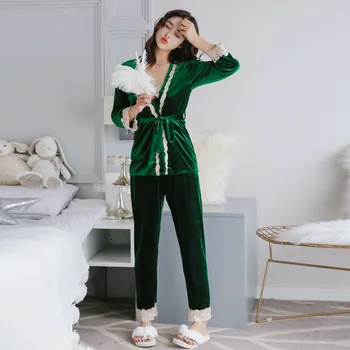 Fdfklak Yumuşak Kadife kadın Pijama Sıcak Sonbahar kışlık pijama 3 parça Seksi Dantel Uyku Pijama Takım Gecelik Büyük M-XXL