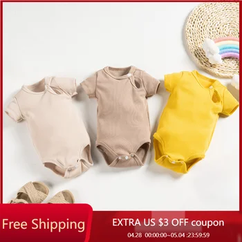 Yenidoğan yazlık tulum Yürümeye Başlayan Erkek Düz Renk Tek parça Bodysuits Giysileri Bebek Kız Düğmeleri Kısa Kollu 0-2Y Bebek Kıyafetleri