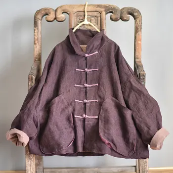 Kadın Gevşek Keten Ceketler Giyim Bayanlar Vintage Keten Ceket Kadın Keten Pamuk Patchwork Ceket Ceket 2020 Sonbahar