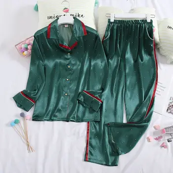 Yeşil Saten Pijama Takım Elbise 2 ADET Seksi Turn Down Yaka Pijama Seti Kadın Yaz Pijama Elastik Bel Kıyafeti Samimi Gecelik