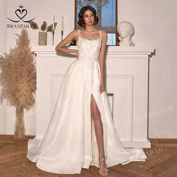 Saten Kolsuz düğün elbisesi 2023 Şık Aplikler Bölünmüş A-Line Mahkemesi Tren Prenses Vestido De Novia SwanSarah N400 Gelin Kıyafeti