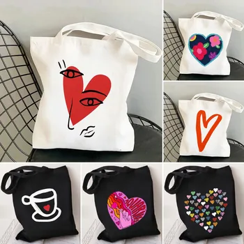 Estetik Grafik Aşk Kalpler Doodle Sevimli Neon Çift kadın Kız Tuval Omuz Pamuk Tote Çanta Shopper Eko Alışveriş Çanta