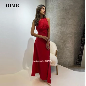 OIMG Vintage Kırmızı Saten Bir Omuz Akşam Parti Elbiseler Basit Suudi Arapça Kadınlar Balo Elbise Ünlü Örgün önlük
