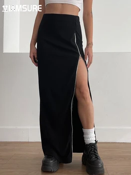 IAMSURE Koyu Katı Fermuar Bölünmüş Etek Casual Gotik Yüksek Belli Düz Etekler Kadınlar 2023 Yaz Moda Bayanlar Streetwear