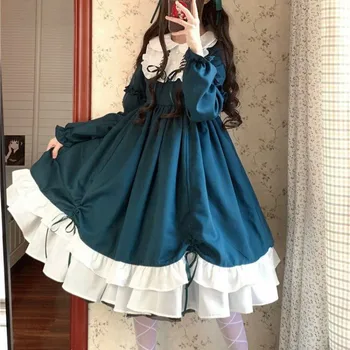 Japon Tatlı Lolita Elbise Yumuşak Kız Dantel Ruffles İlmek Yüksek Bel viktorya dönemi tarzı elbise Kadın Parti Kawaii Gotik Lolita Op Elbise