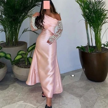 Qcenkern Tek Omuz Akşam Resmi Suudi Arabistan Mermaid Uzun Kollu Pembe Parti Elbiseler Törenlerinde Kadın Elbiseler de Soirée 2023
