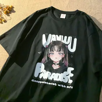 Anime Y2K kawaii büyük boy sevimli Casual Tops Yaz Moda Punk taban o-boyun Kısa Kollu Unisex Streetwear tshirt Kadın Vahşi üst